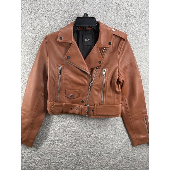 LTH JKt Mya Cropped Leather Biker Jacket Size Medium Brown - Picture 2 of 10